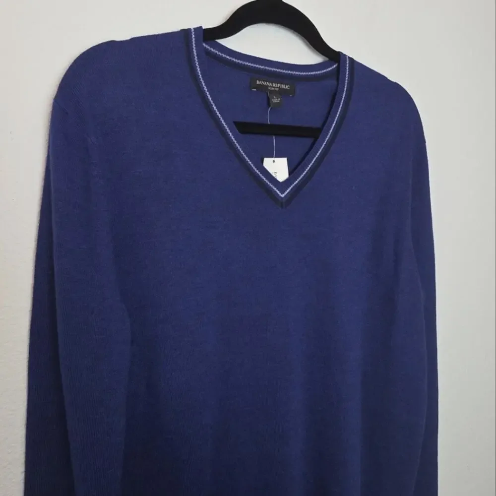 🚨NEW BANANA REPUBLIC Blue Merino Wool Blend Slim Fit V Neck Sweater Size Large